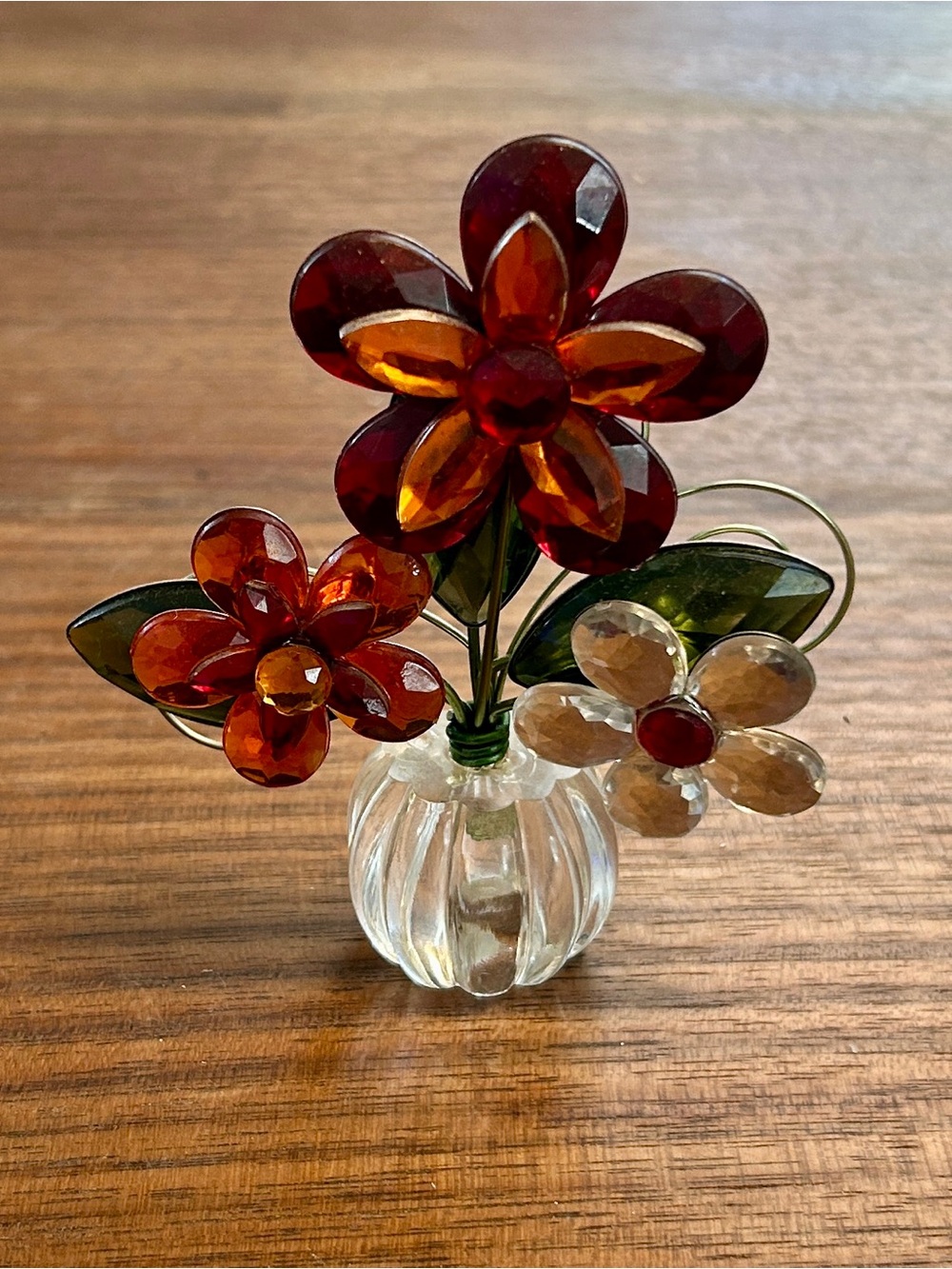 Bouquet Jeweled Gems Flowers Acrylic Plastic Metal 4.25" Orange Red Green White